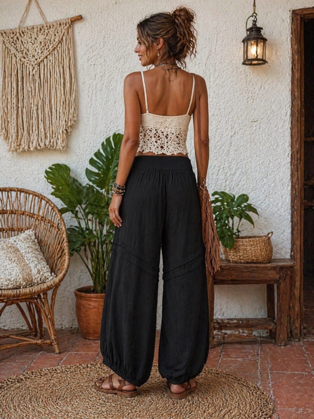 Black Boho Wide Leg Pants | Flowy Relaxed Festival Lounge Pants Size L/XL NWT - Picture 3 of 8